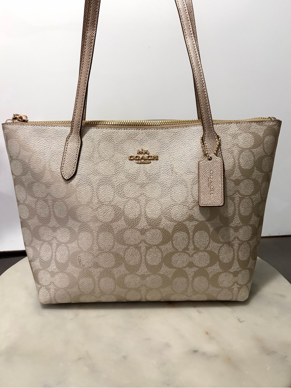 Coach Fiona Signature CC Small Zip Tote Shoulder Bag Champagne Metallic NWT